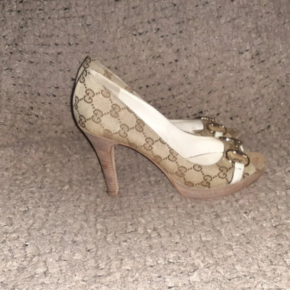 Vintage GUCCI-Horsebit Platform GG Monogram-Beige-Stacked Heels-Sz 9-Excellent - Picture 4 of 9